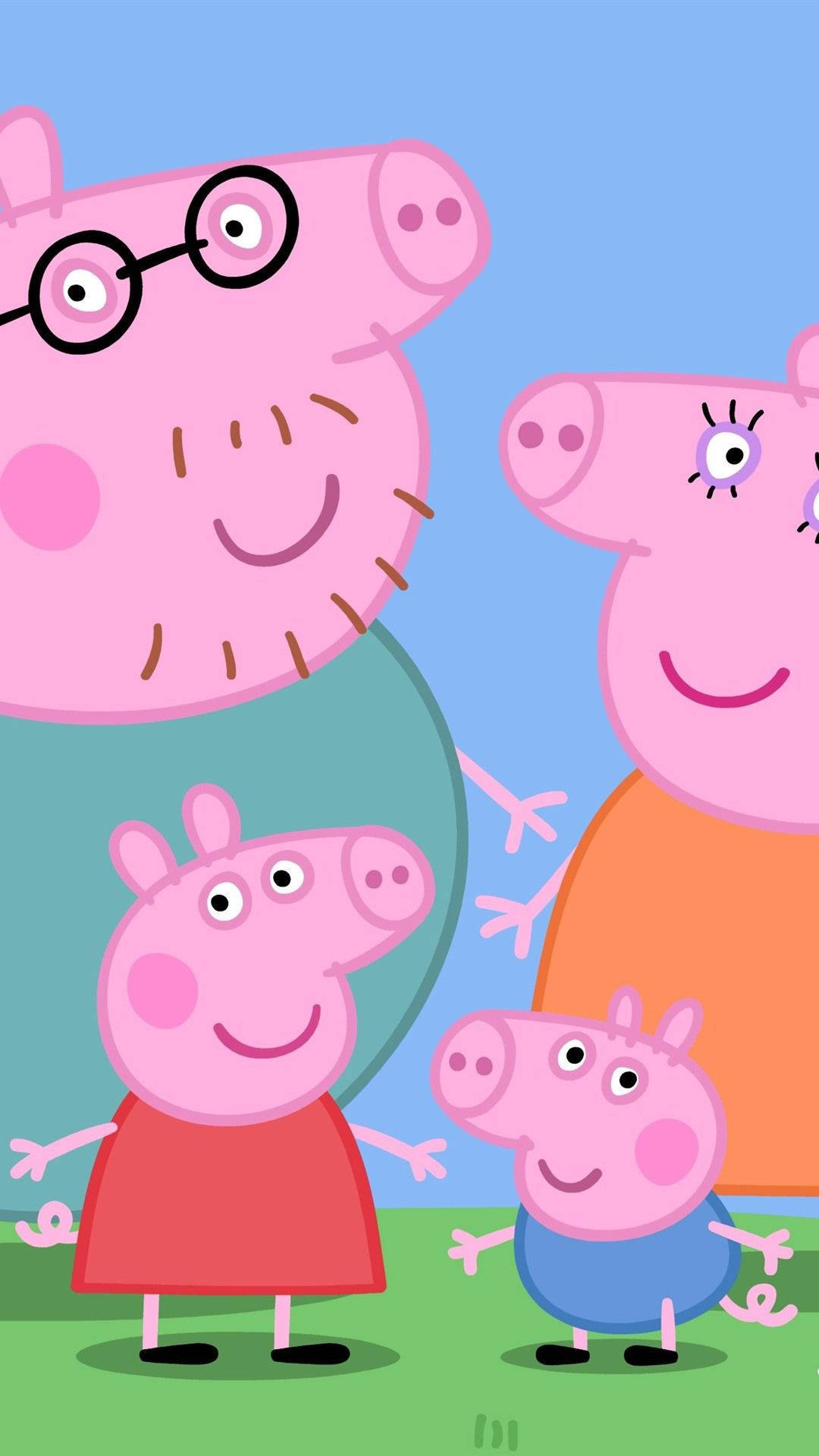 peppa pig iPhone 桌布 壁紙 — Peppa Pig 一家在簡單的藍天和綠草背景下燦爛地微笑。