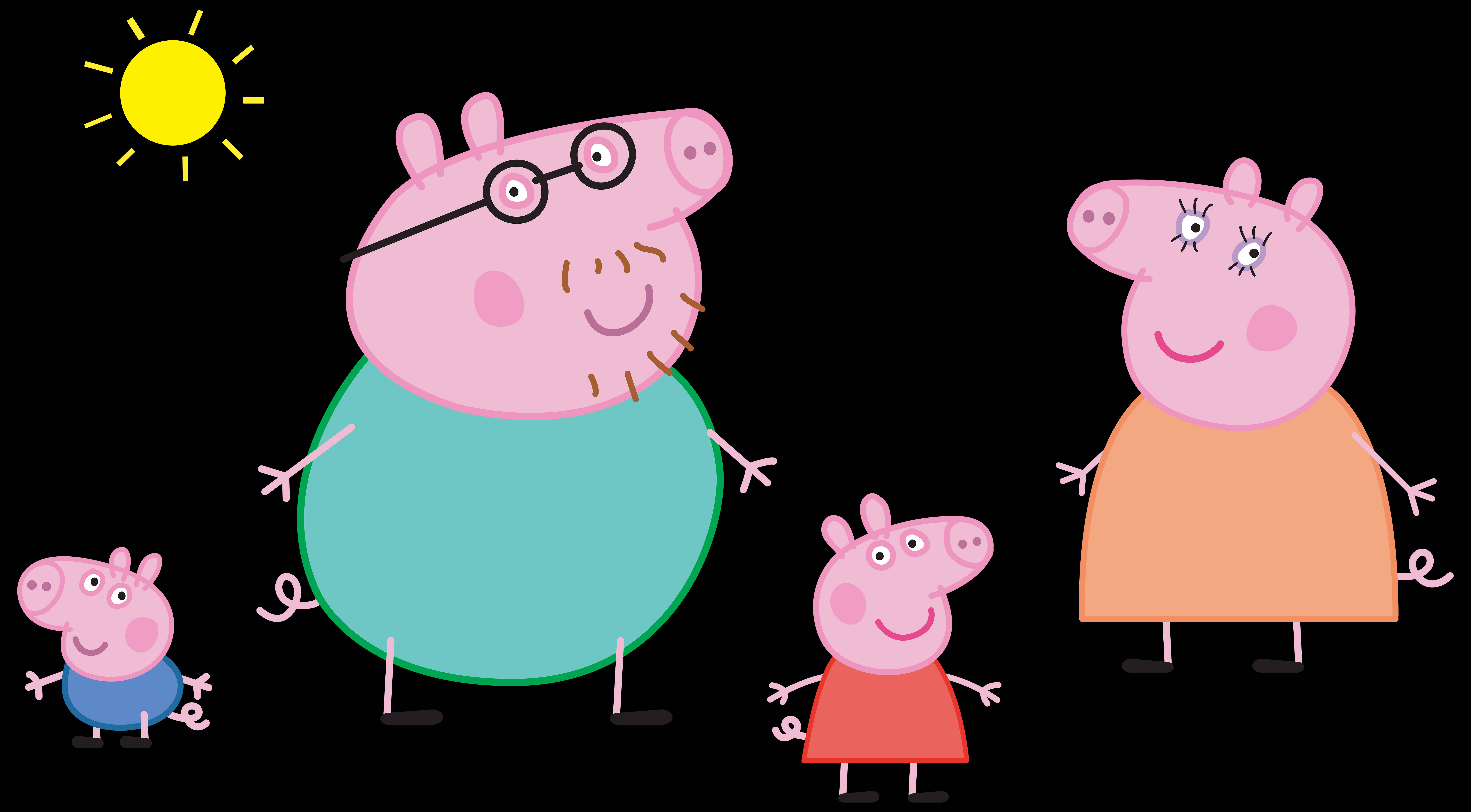 佩佩豬 桌布 壁紙 — Peppa Pig 一家在黑色背景下於明亮的黃色太陽下微笑。