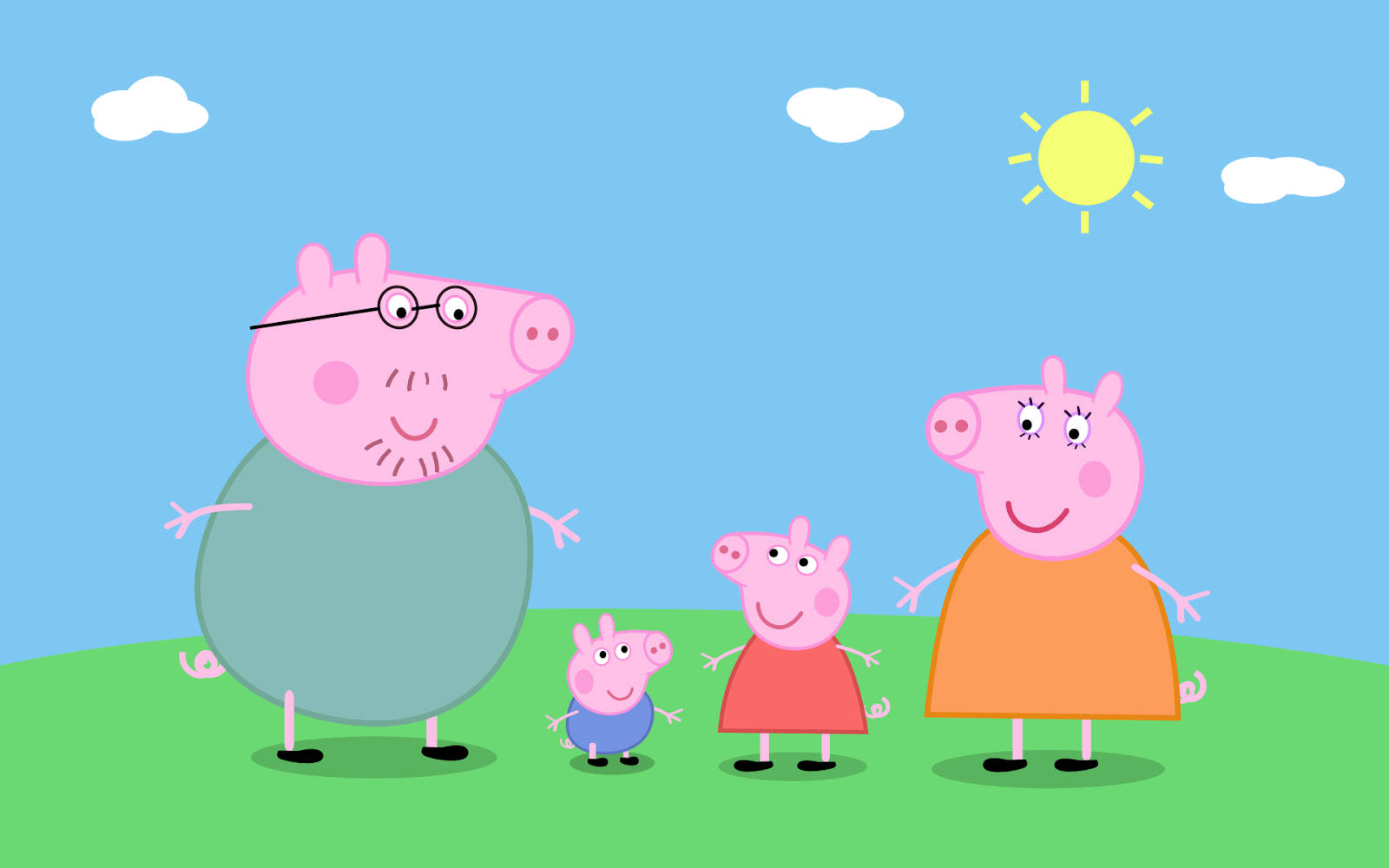 佩佩豬 桌布 壁紙 — Peppa Pig 一家站在綠色草地上微笑，背景是明亮的藍天、黃色的太陽和蓬鬆的雲朵。