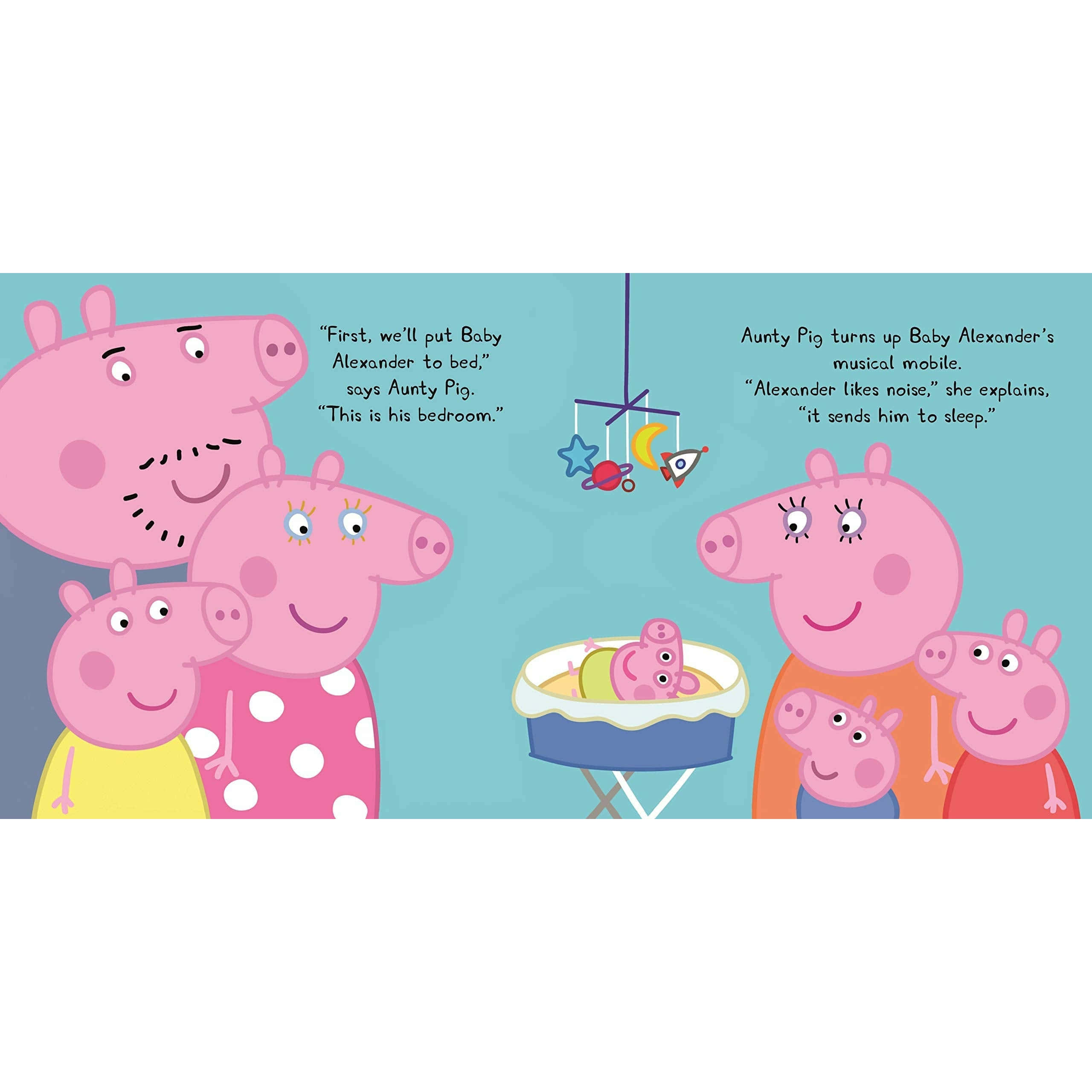 Baby Alexander 桌布 壁紙 — Peppa Pig 一家聚集在嬰兒亞歷山大的嬰兒床周圍，豬阿姨在他的嬰兒房打開他的音樂吊飾。