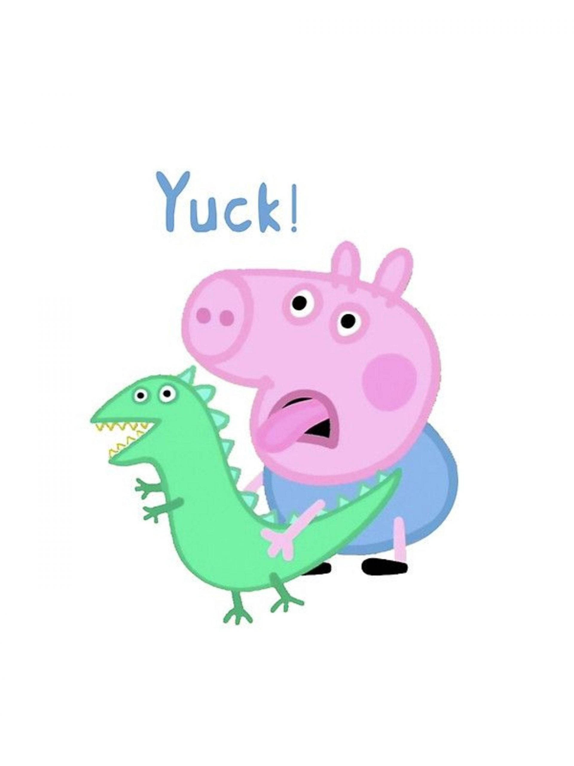 Funny Dinosaur 桌布 壁紙 — Peppa Pig 一臉嫌惡地抱著一隻綠色恐龍玩具，上面寫著「Yuck!」。
