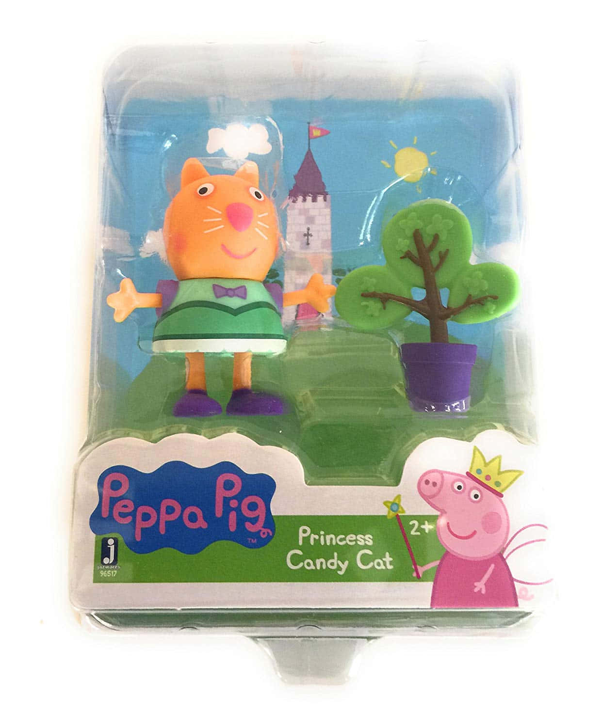 Candy Cat 桌布 壁紙 — Peppa Pig 公主 Candy Cat 玩具公仔，塑膠包裝，背景有城堡樹和太陽。