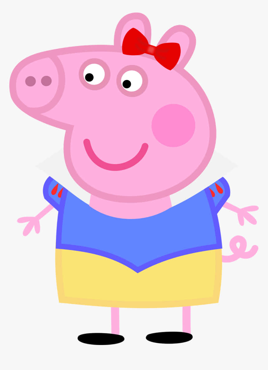 Peppa Pig Funny 桌布 壁紙 — Peppa Pig 卡通角色微笑，身穿藍黃色服裝，頭上戴紅色蝴蝶結。