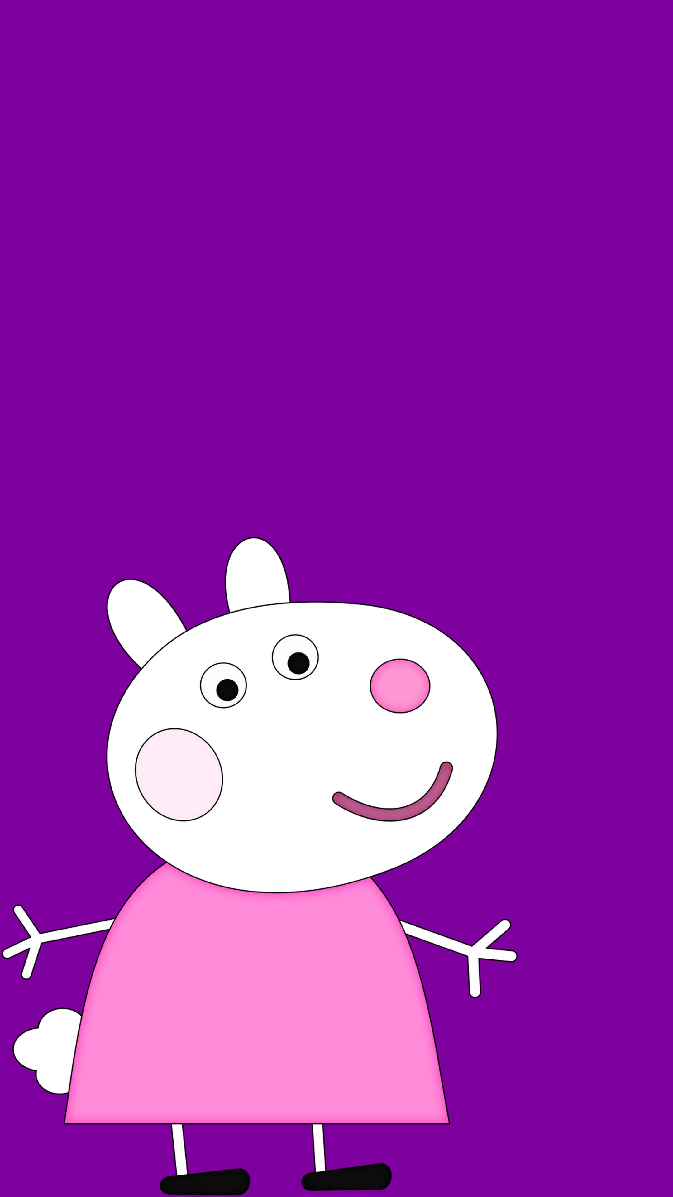 Peppa 桌布 壁紙 — Peppa Pig 卡通角色穿著粉紅色連衣裙在純紫色背景上微笑。