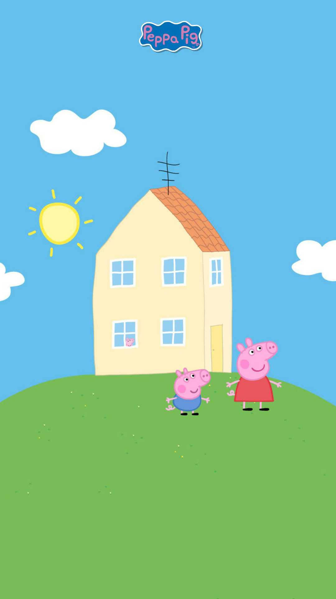 Peppa Pig 和 George 在陽光普照的日子裡站在屋前的山丘上。