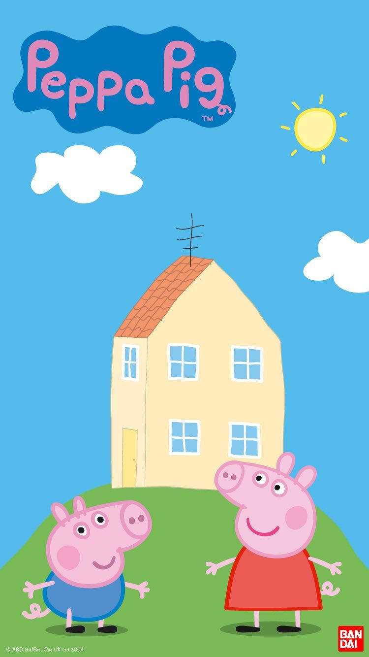 佩佩豬 桌布 壁紙 — Peppa Pig 和 George 站在綠色山丘上微笑，背後是明亮的藍天、黃色房屋和太陽。