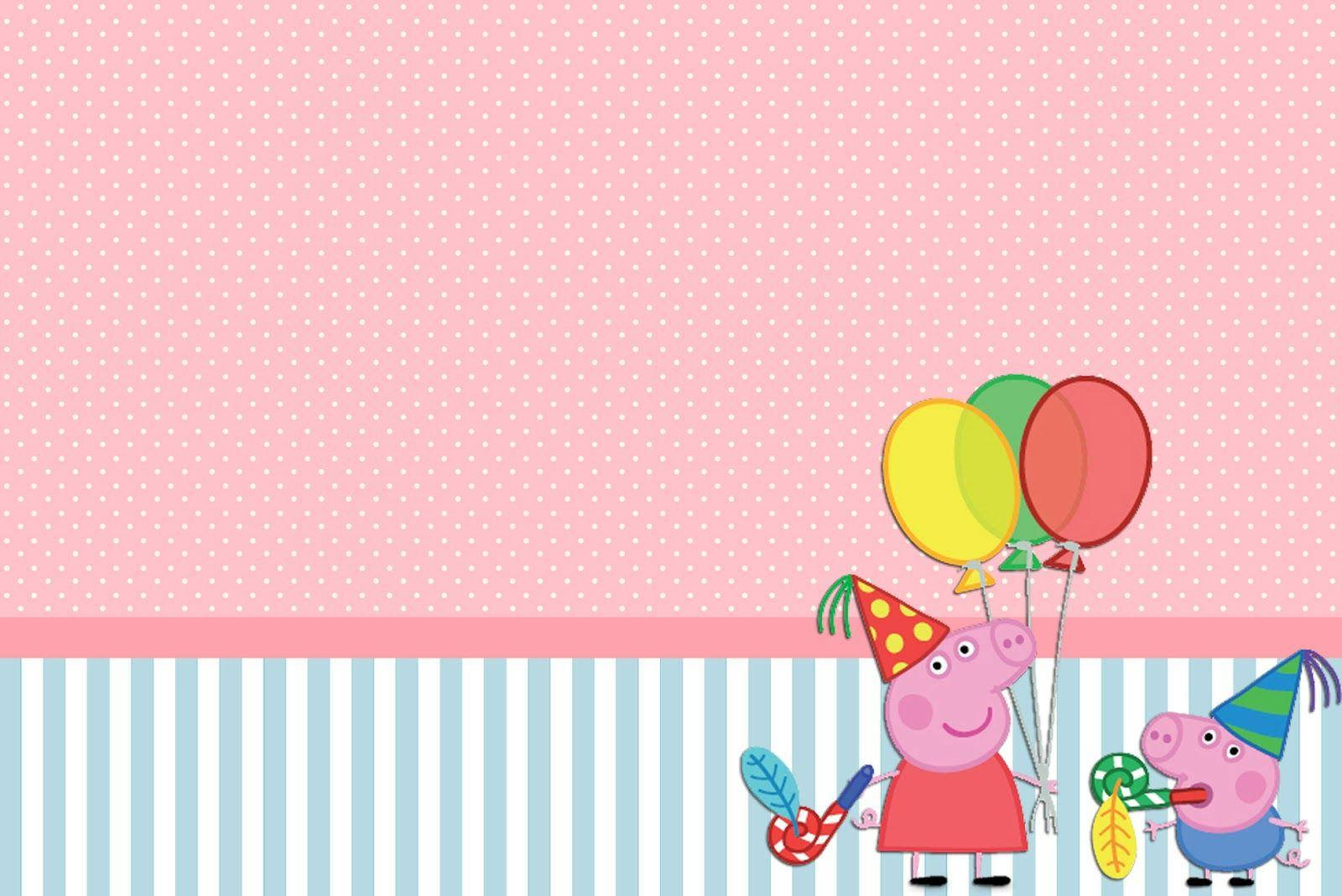 Peppa Pig 和 George 戴著派對帽，手持氣球和發聲器。 — 佩佩豬 GIF 壁紙