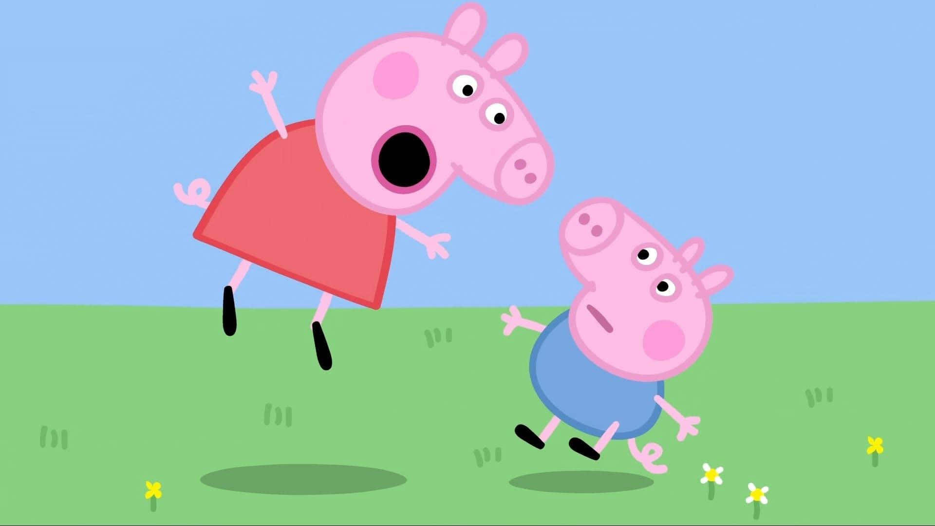Peppa Pig Funny 桌布 壁紙 — Peppa Pig 和 George 在晴朗藍天與散落雛菊的草地上開心地跳躍。
