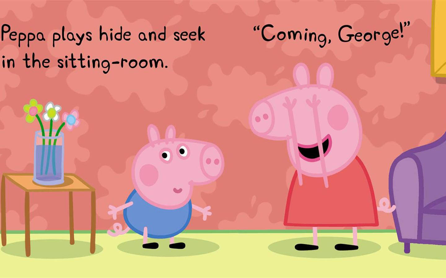 Peppa 桌布 壁紙 — Peppa Pig 和 George 在一個舒適的粉紅色牆壁、花瓶和紫色扶手椅的客廳裡玩捉迷藏。