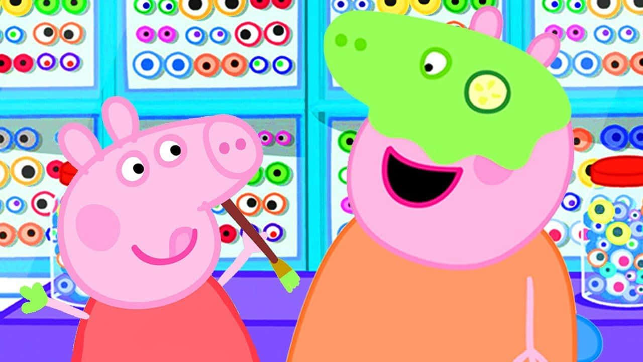 Peppa Pig Funny 桌布 壁紙 — Peppa Pig 和 George 在一個充滿色彩繽紛圓形顏料罐的藝術工作室裡，開心地用畫筆畫畫。