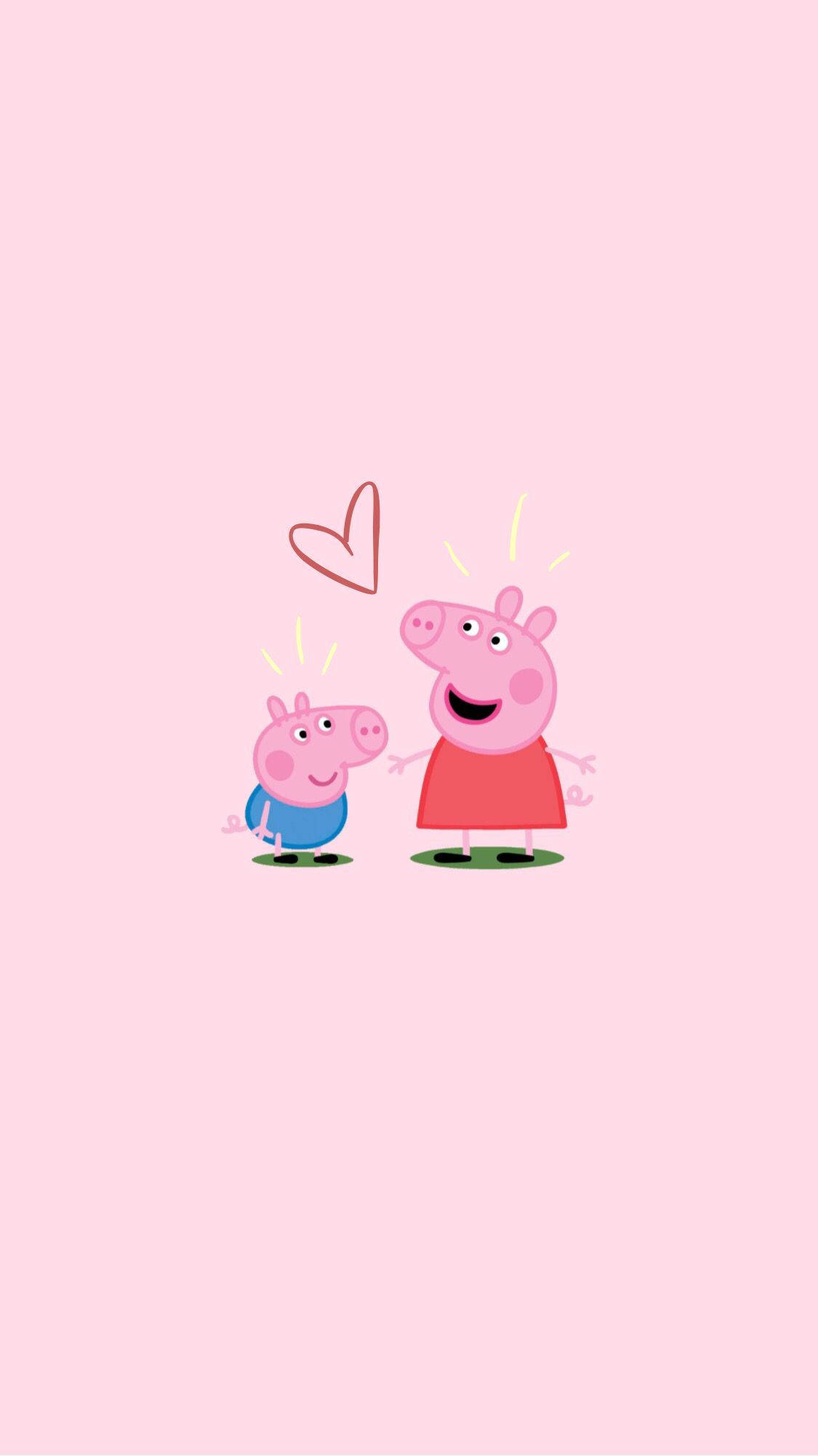 peppa pig iPhone 桌布 壁紙 — Peppa Pig 和 George Pig 開心地站在綠色的 patches 上，他們頭頂有一個愛心，背景是柔和的粉紅色。