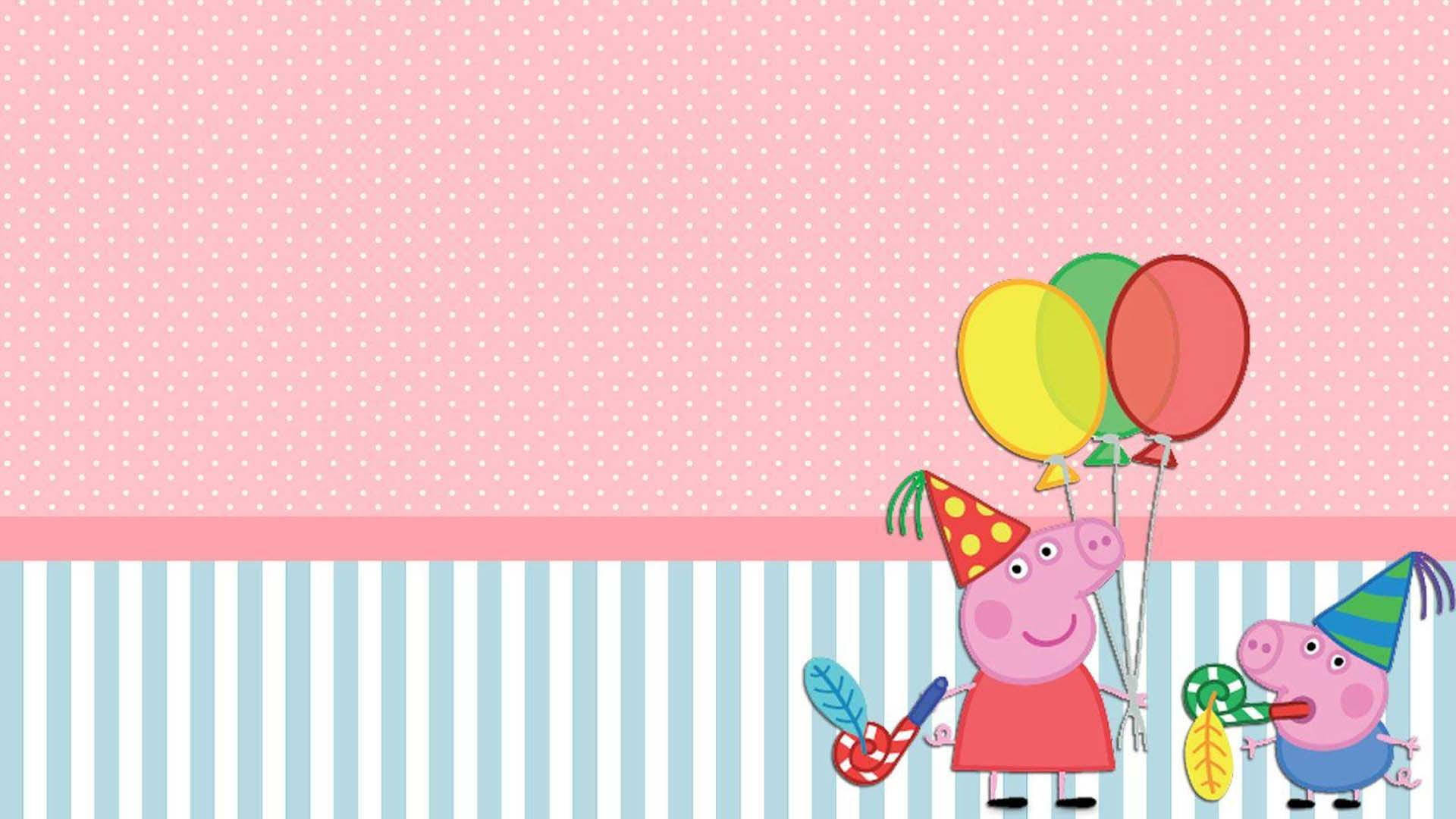 Peppa 桌布 壁紙 — Peppa Pig 和 George 在粉紅色圓點和藍色條紋背景上，用氣球和派對喇叭慶祝。
