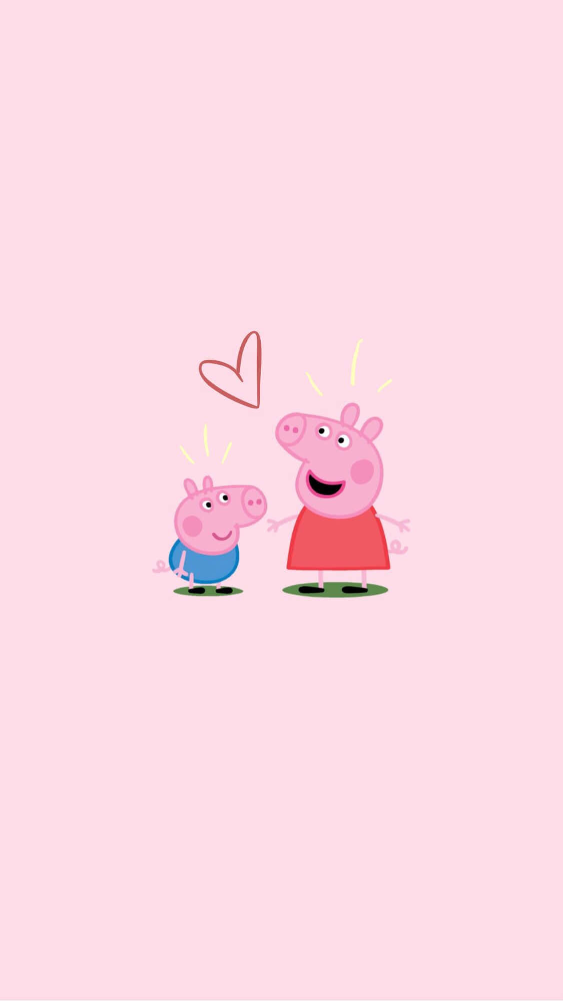 佩佩豬 桌布 壁紙 — Peppa Pig 和 George Pig 開心地站在綠色的 patches 上，他們上方有一顆心，背景是柔和的粉紅色。