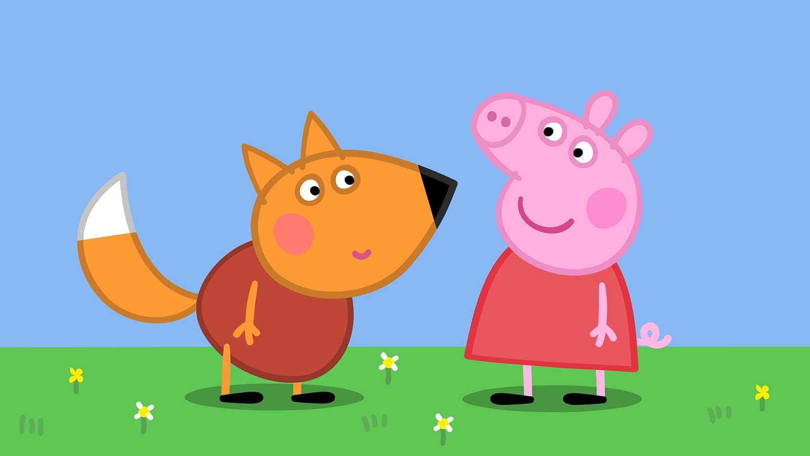 Freddy Fox 桌布 壁紙 — Peppa Pig 和一隻狐狸站在長滿青草、開著黃花的田野上微笑，背景是晴朗的藍天。