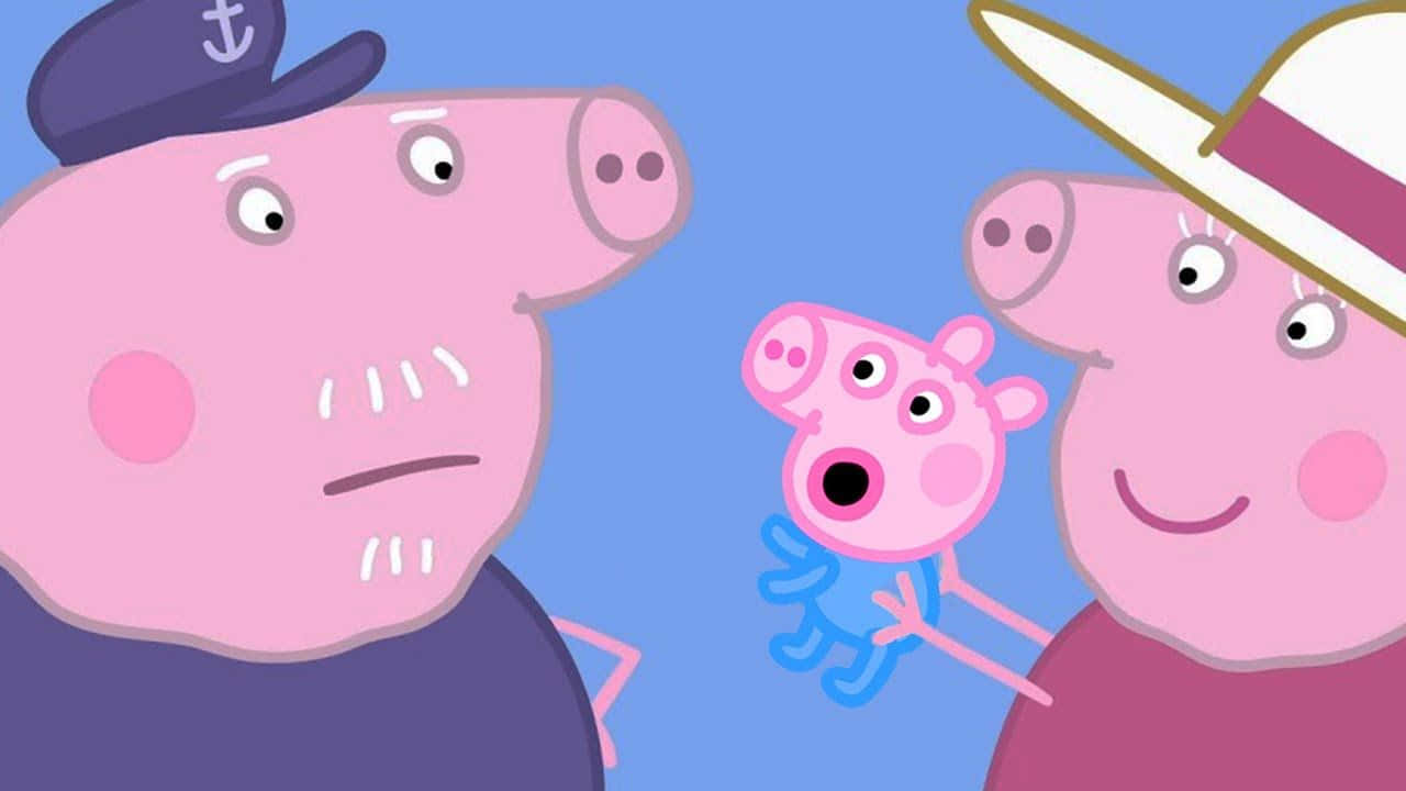 Grandpa Pig 桌布 壁紙 — Peppa Pig 和她的家人在一個明亮的藍色背景上，Peppa 看起來很驚訝。