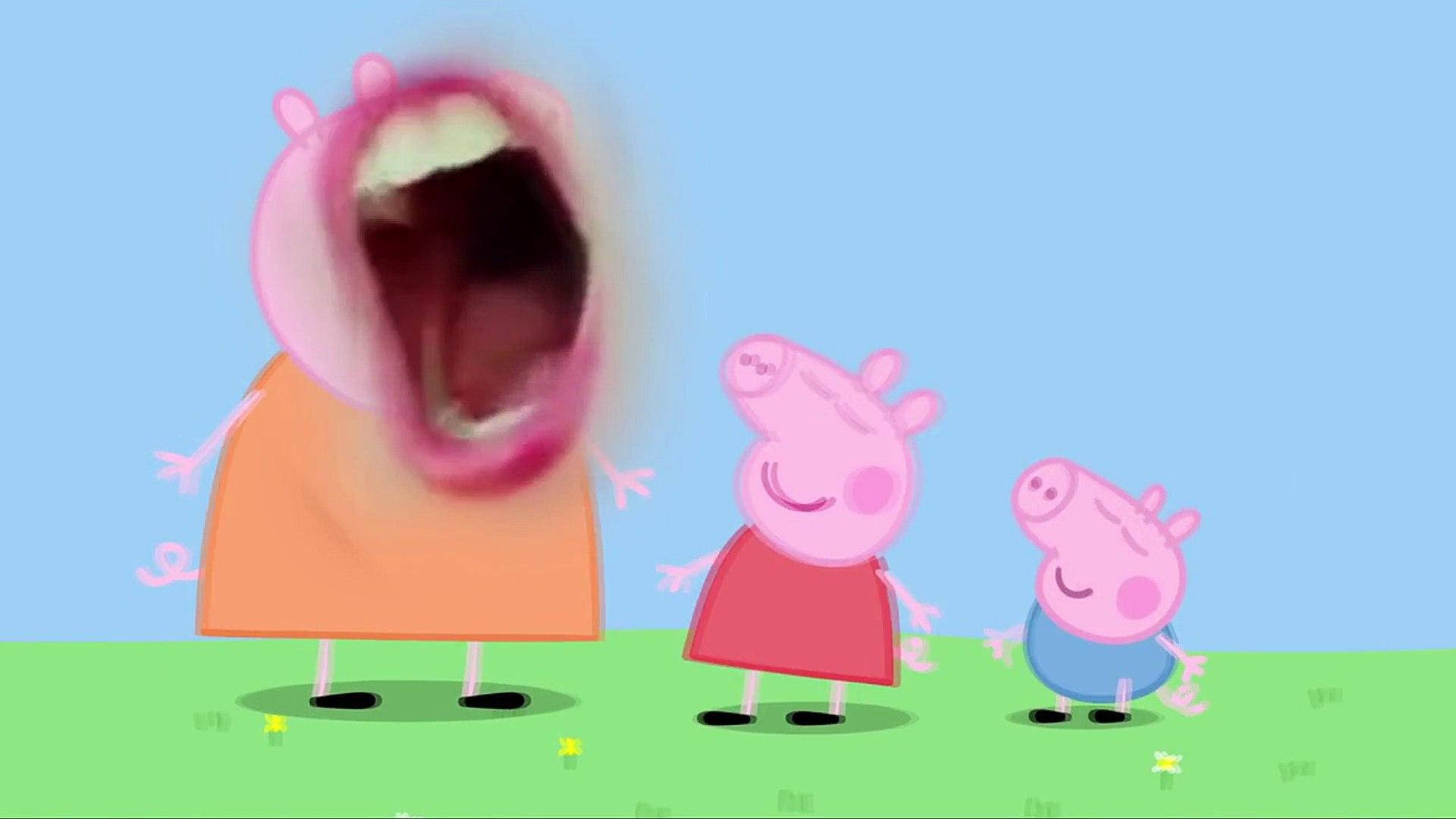 Peppa 桌布 壁紙 — Peppa Pig 和她的家人站在綠色草地上，藍天白雲，豬媽媽打著哈欠，有動態模糊效果。
