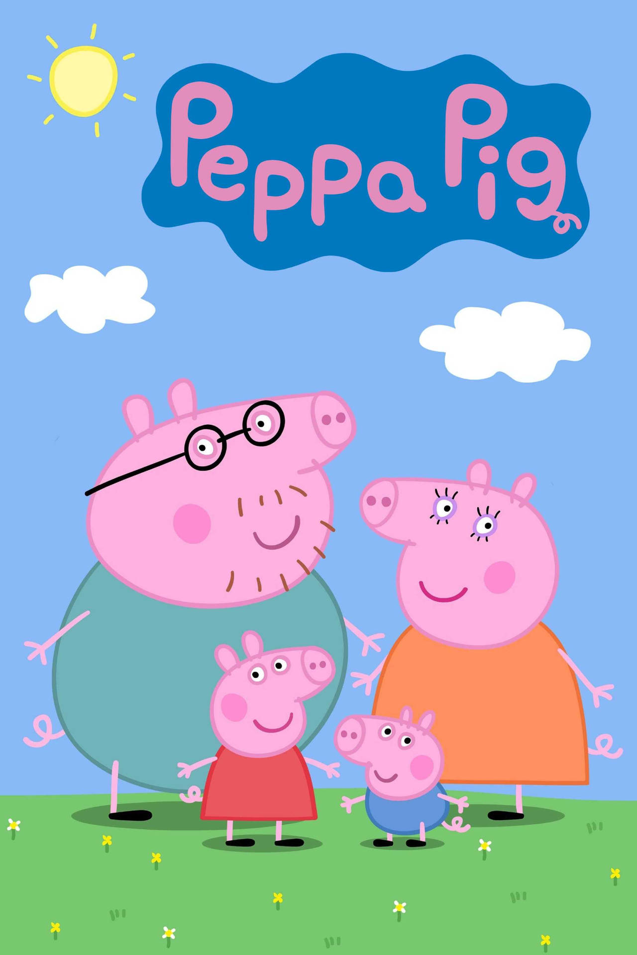 Peppa Pig 一家在晴朗的日子裡微笑，有雲和花朵 — 佩佩豬 GIF 壁紙