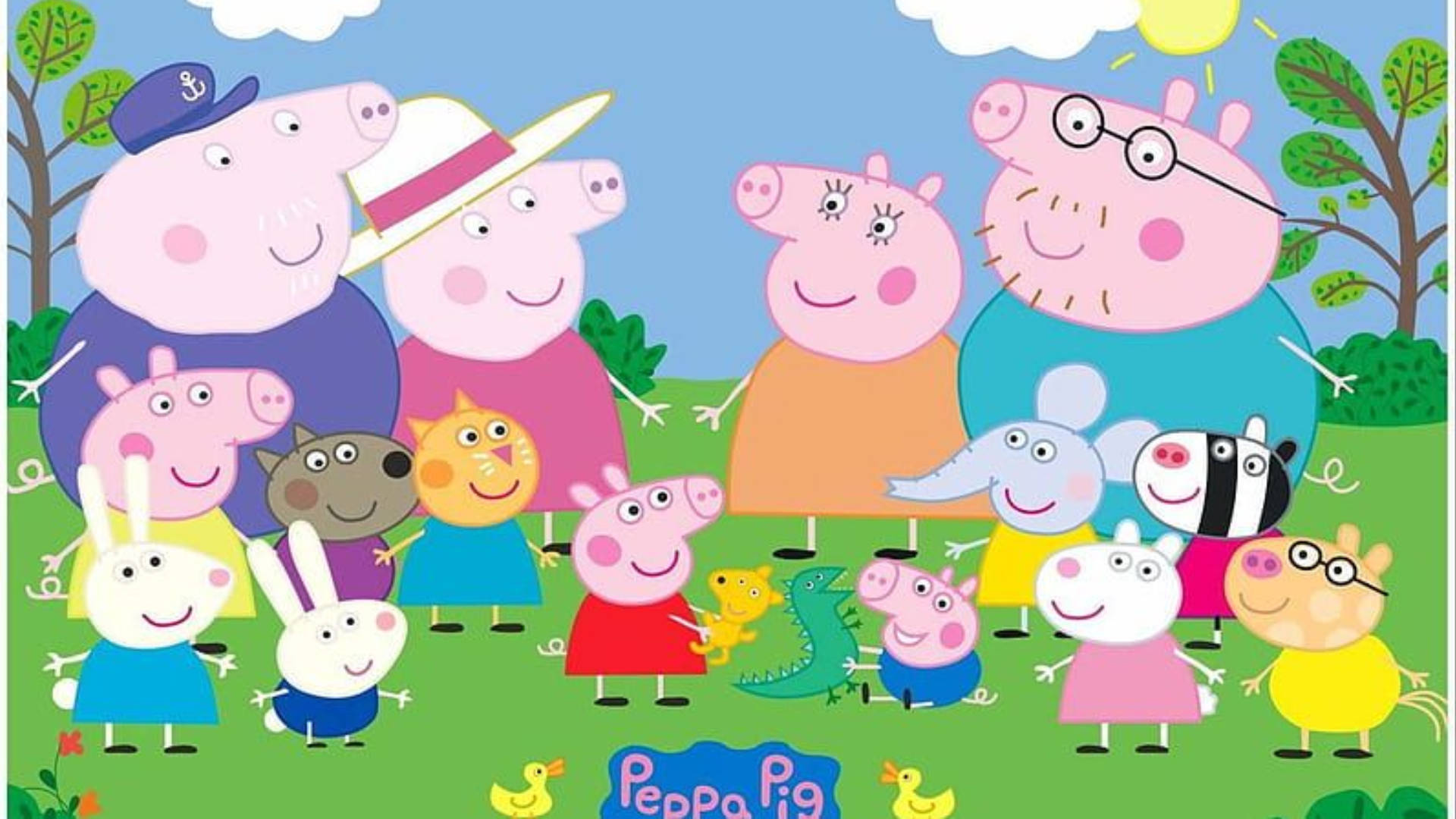 Peppa Pig 的家人與朋友在晴朗的戶外場景中微笑。 — 佩佩豬 GIF 壁紙
