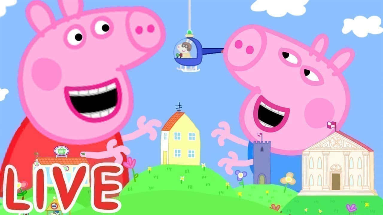 Peppa Pig Family 桌布 壁紙 — Peppa Pig 和她的弟弟 George 在一個充滿活力的卡通風景中愉快地揮手，背景有房屋和直升機。