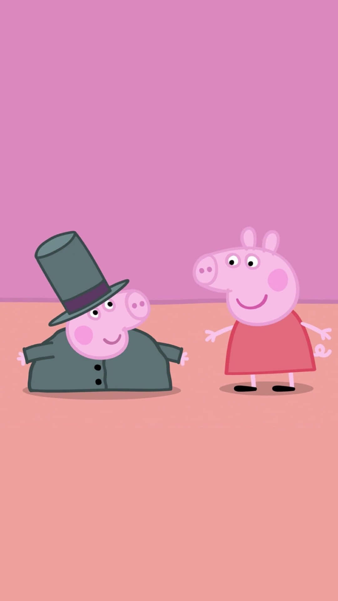 佩佩豬 桌布 壁紙 — Peppa Pig 和她的弟弟戴著高帽，在柔和的粉紅色背景前微笑站立。