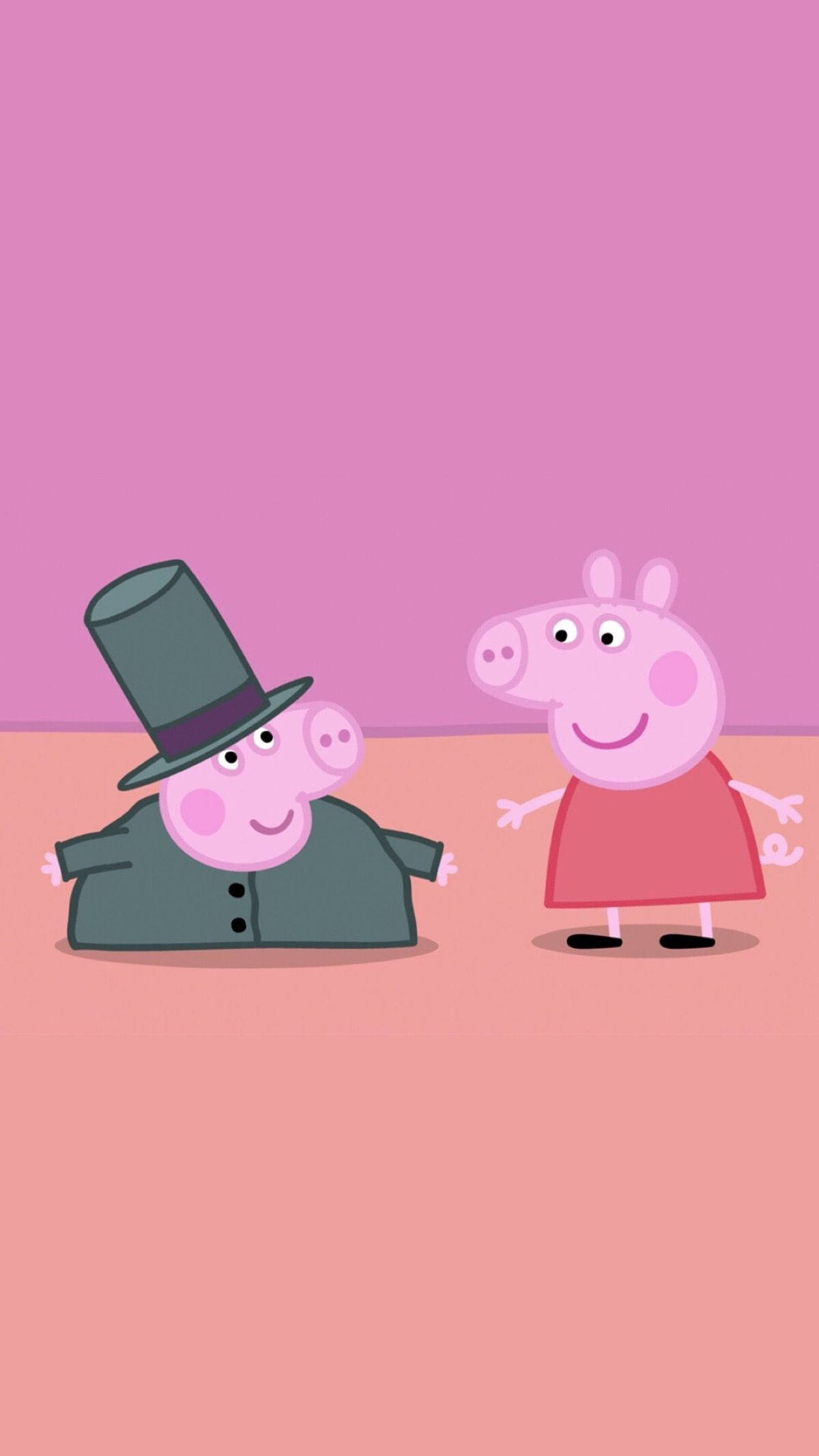 Peppa 桌布 壁紙 — Peppa Pig 和她的弟弟戴著高帽，在柔和的粉紅色背景前微笑站立。
