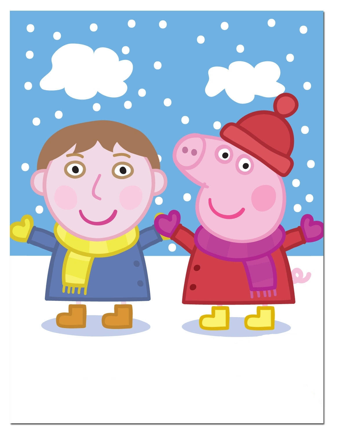 Peppa 桌布 壁紙 — Peppa Pig 和她的朋友在藍天白雲下微笑著站在雪花中。