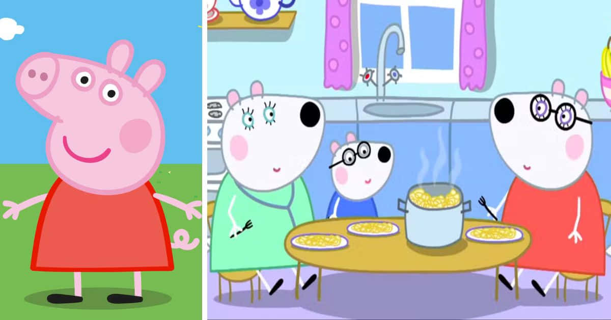 Peppa Pig Family 桌布 壁紙 — Peppa Pig 和家人一起在明亮的廚房享受愉快的餐點，鍋中升起蒸氣。