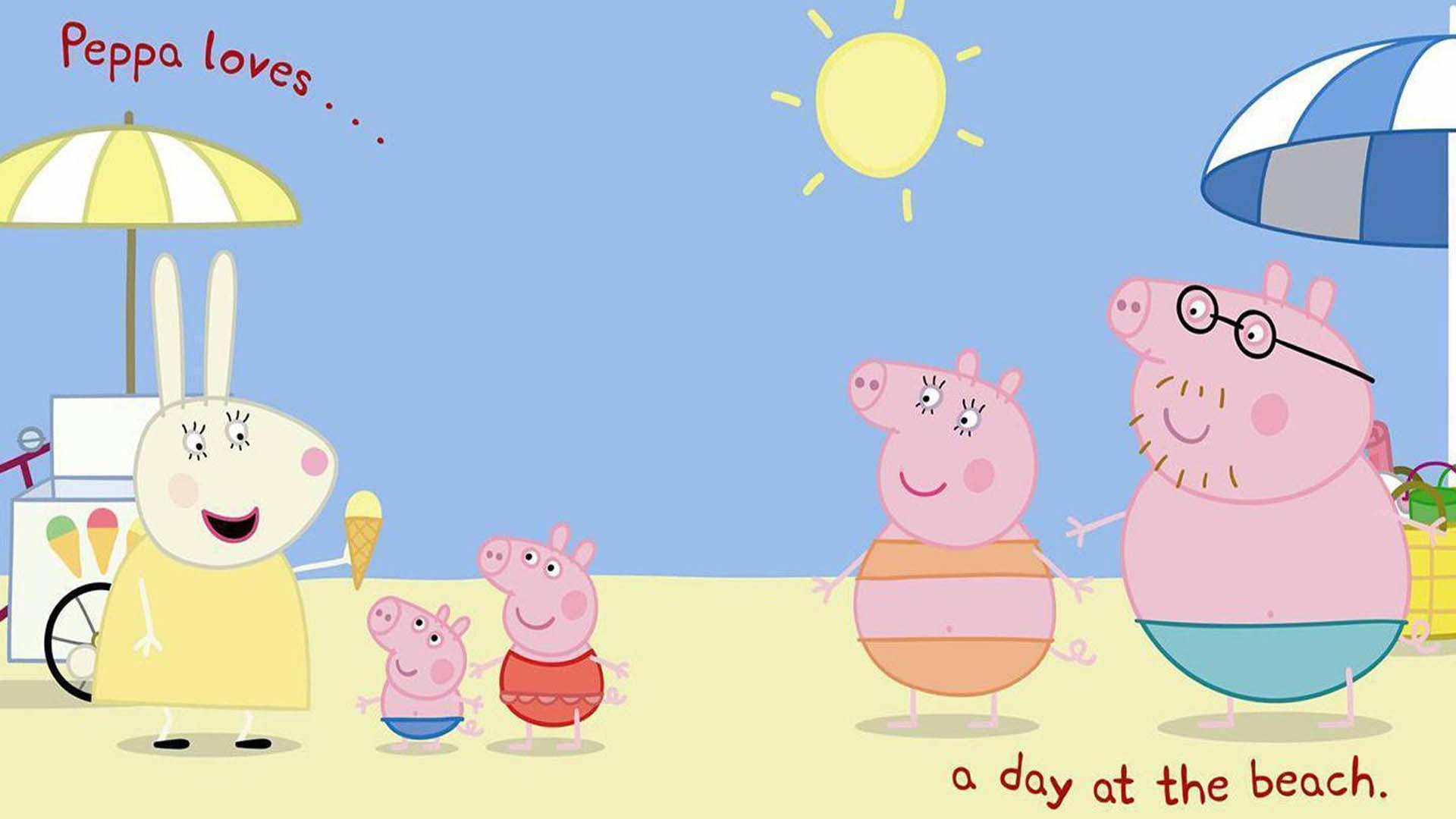 Peppa 桌布 壁紙 — Peppa Pig 和家人一起在條紋遮陽傘下與冰淇淋小販享受陽光沙灘日。