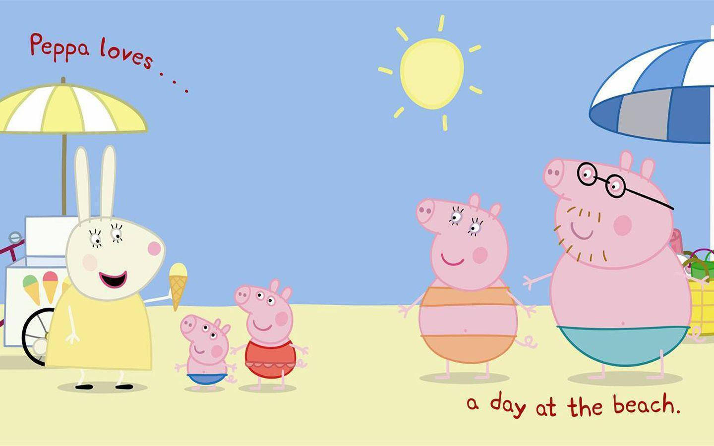 Peppa Pig 一家在海灘上與冰淇淋小販和條紋遮陽傘。