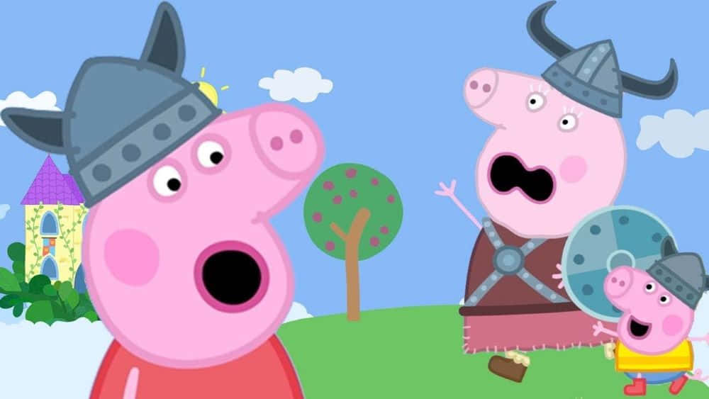Granny Pig 桌布 壁紙 — Peppa Pig 和家人扮成維京人，戴著頭盔和盾牌，在明亮的卡通風景中。
