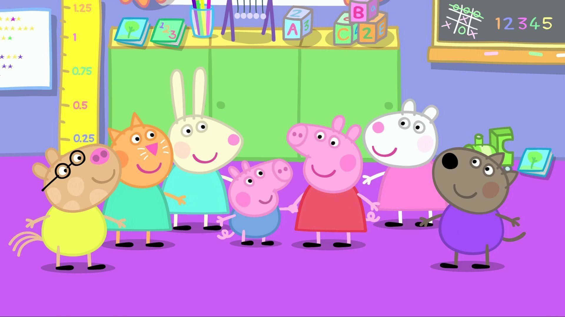 Peppa Pig 和朋友們在色彩繽紛的教室裡與教育玩具一起。 — 佩佩豬 GIF 壁紙