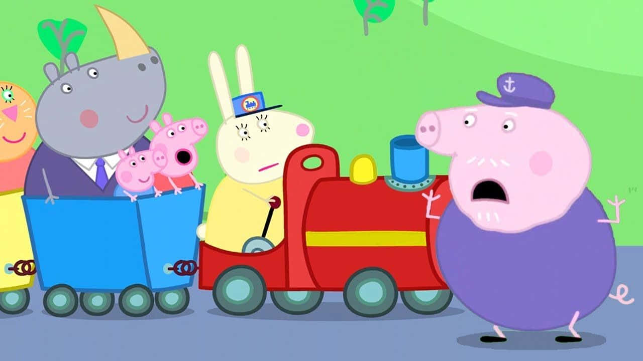 Grandpa Pig 桌布 壁紙 — Peppa Pig 和朋友們乘坐紅色火車，車長感到驚訝，在明亮的卡通場景中。