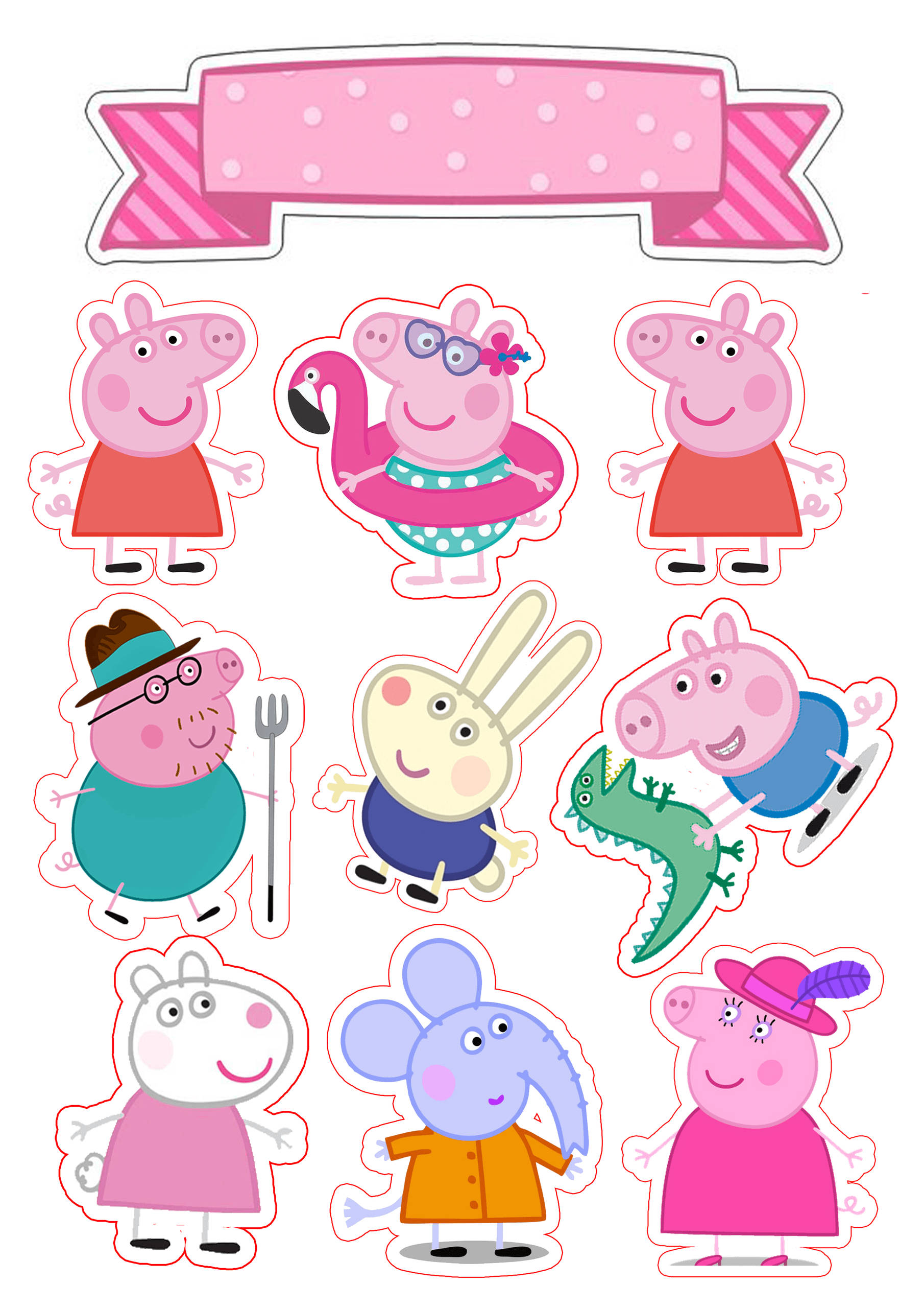 peppa pig iPhone 桌布 壁紙 — Peppa Pig 和朋友們以彩色紙剪裁呈現，上方有粉紅色圓點橫幅。