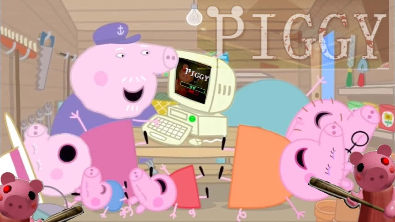 Peppa Pig Funny 桌布 壁紙 — Peppa Pig 和朋友們在一個雜亂的工作室，有一台復古電腦顯示 'PIGGY' 在螢幕上。