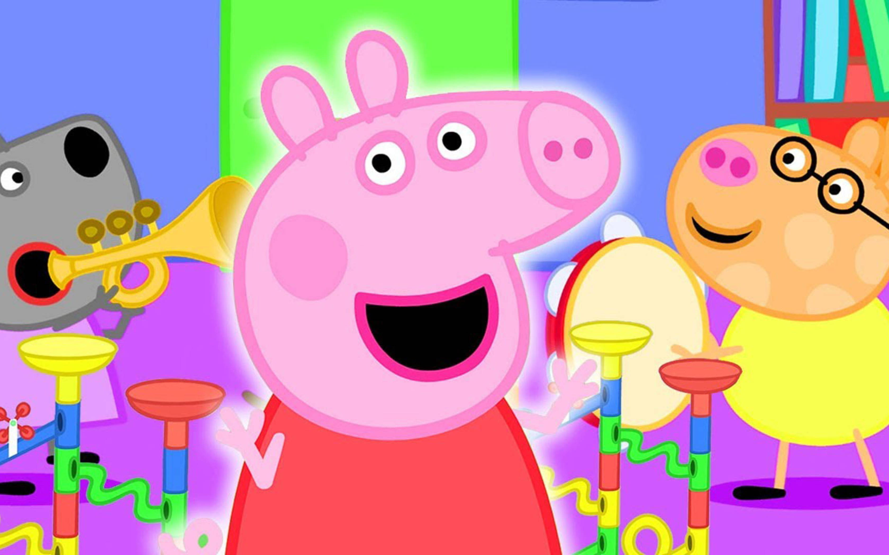 Peppa 桌布 壁紙 — Peppa Pig 和朋友們在充滿活力的卡通場景中快樂地演奏色彩繽紛的樂器。