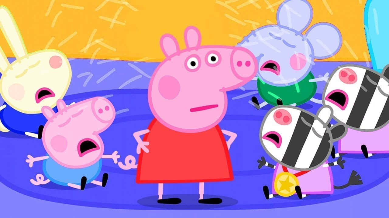 Peppa Pig Family 桌布 壁紙 — Peppa Pig 和朋友們在卡通場景中露出驚訝表情，背景色彩繽紛。
