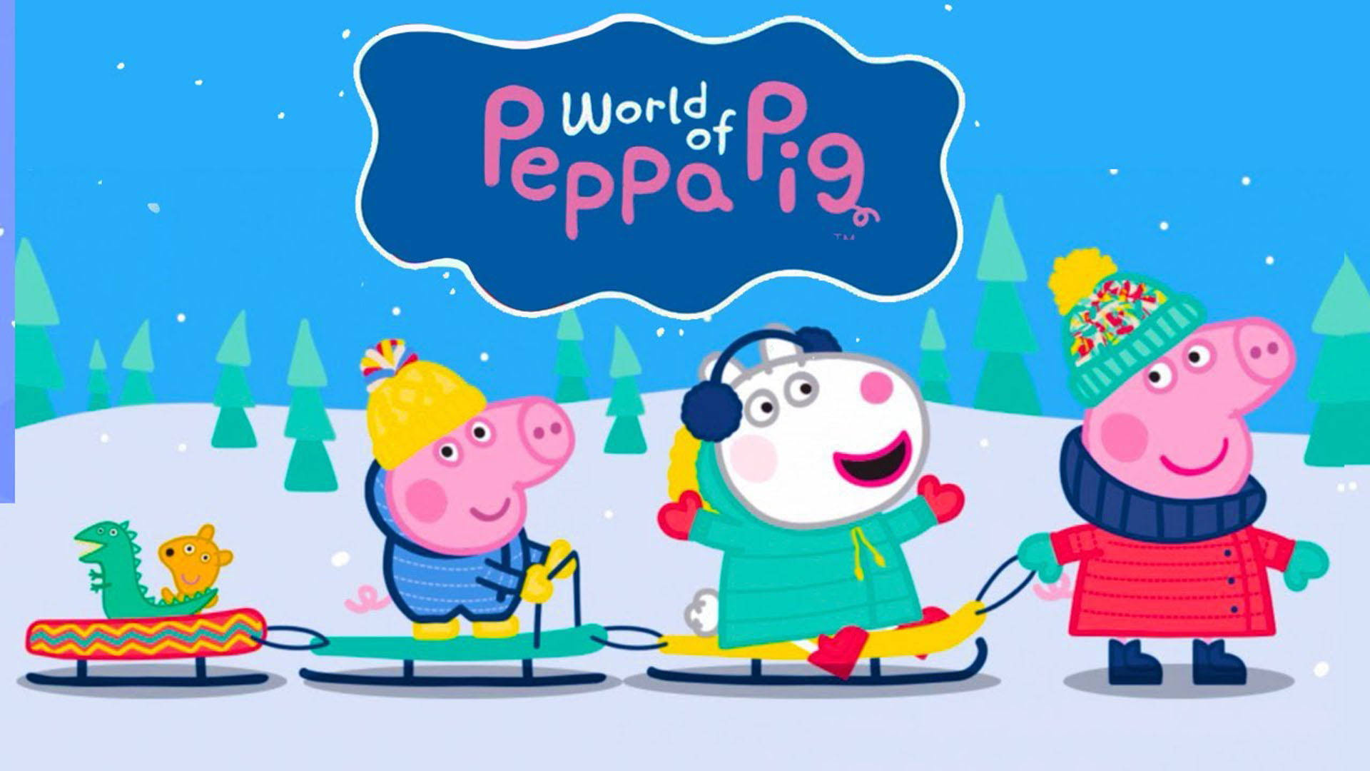 Peppa 桌布 壁紙 — Peppa Pig 和朋友們在明亮的藍天下，沿著雪坡滑下，周圍有松樹和飄落的雪花。