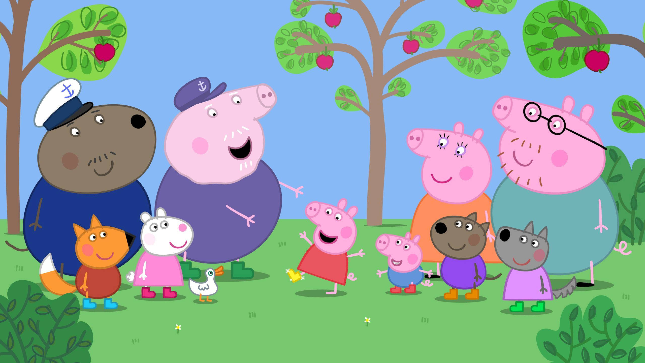 佩佩豬 桌布 壁紙 — Peppa Pig 和朋友們在明亮的陽光戶外場景中，愉快地聚集在蘋果樹下。