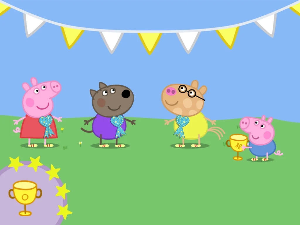 Peppa 桌布 壁紙 — Peppa Pig 和朋友們在晴朗的藍天下用獎盃和派對橫幅在戶外慶祝。