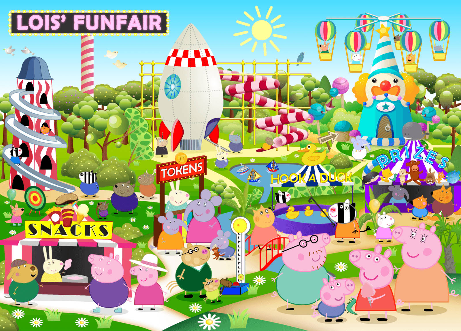 Peppa Pig 角色在色彩繽紛的卡通遊樂場中，有遊樂設施和點心。 — 佩佩豬 GIF 壁紙