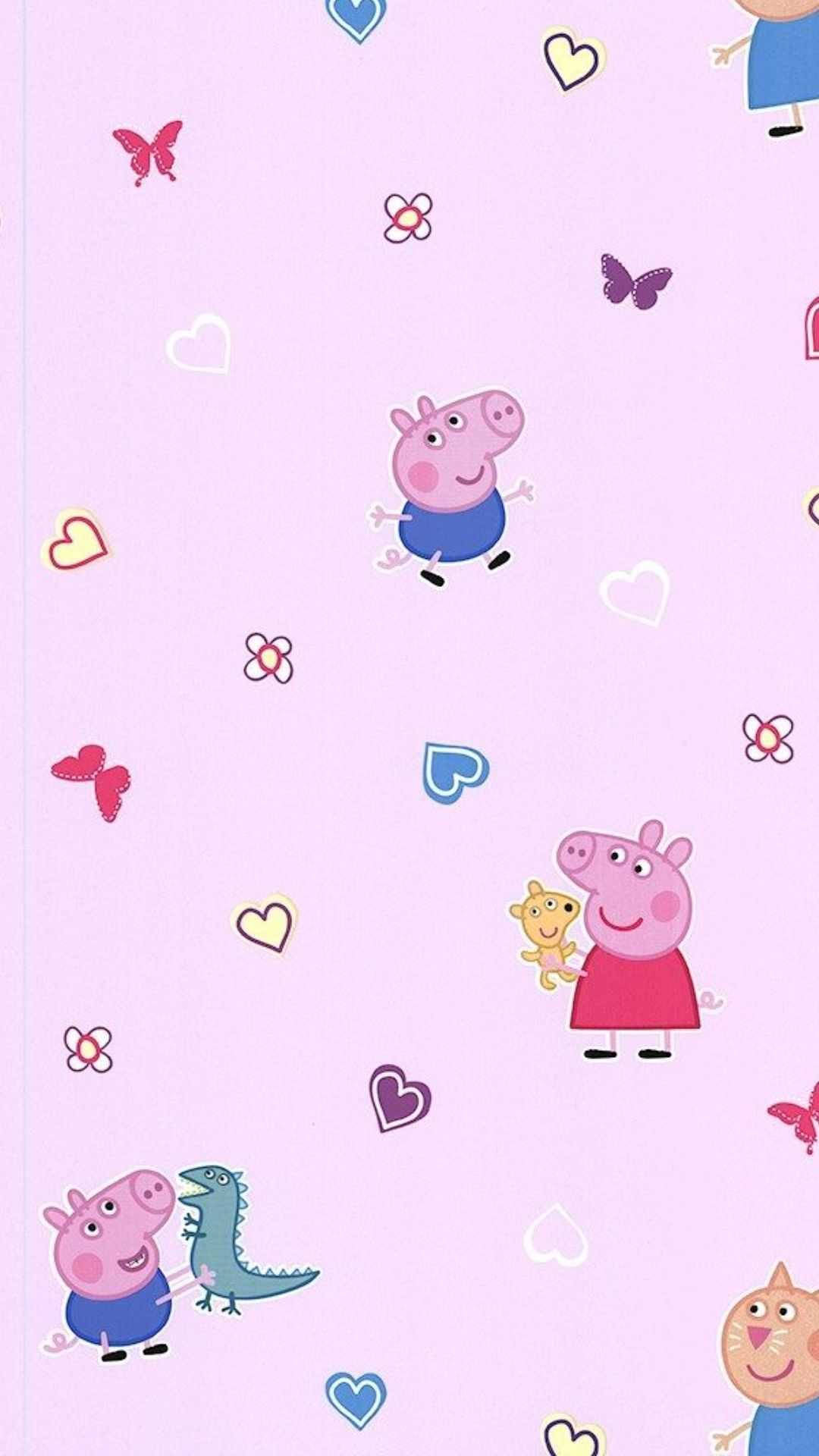 peppa pig iPhone 桌布 壁紙 — Peppa Pig 和朋友們在柔和的粉紅色背景上，在色彩繽紛的心形和蝴蝶之間頑皮地漂浮。