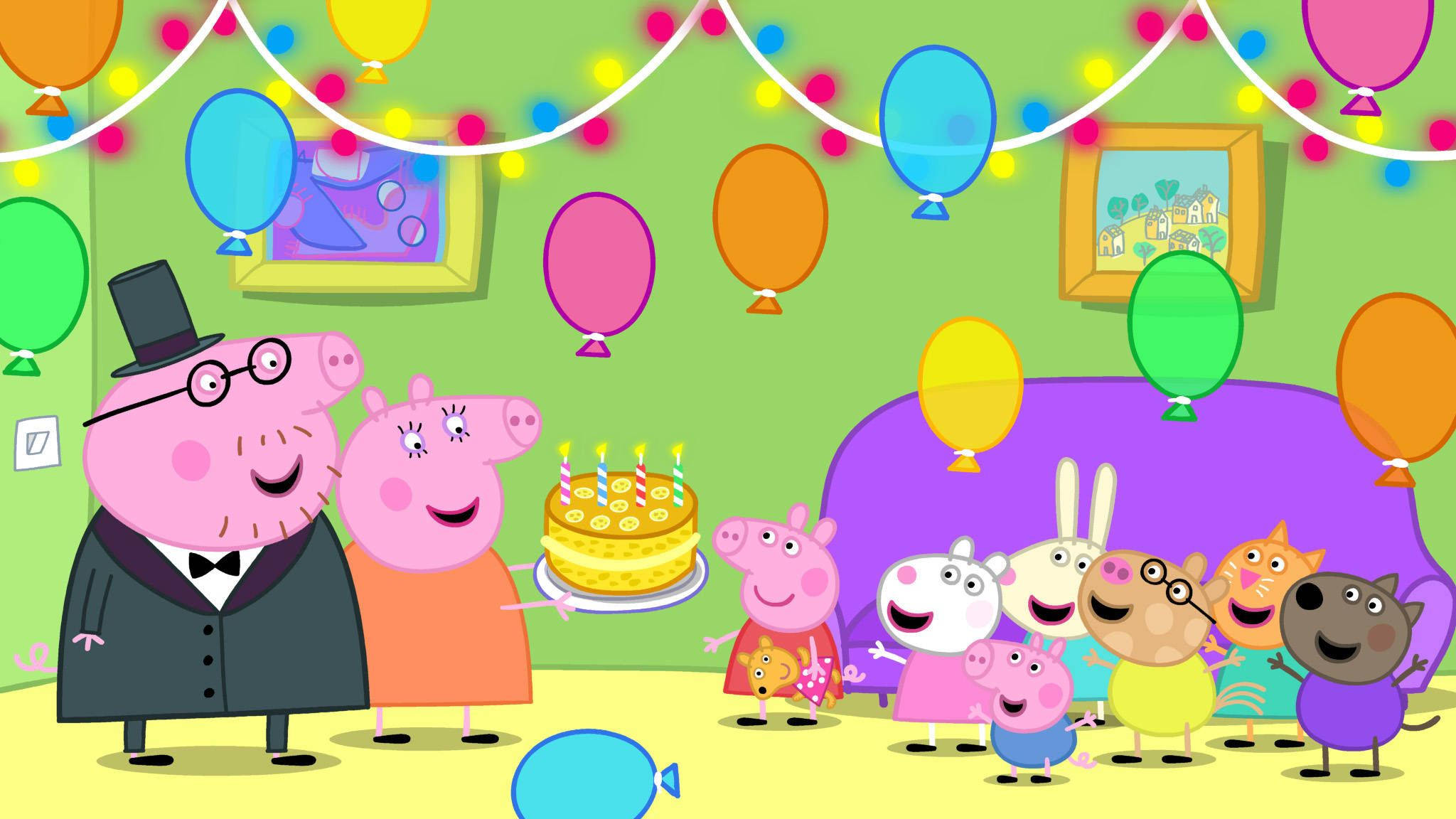佩佩豬 桌布 壁紙 — Peppa Pig 和朋友們用彩色氣球、燈串和插有蠟燭的蛋糕慶祝生日派對。