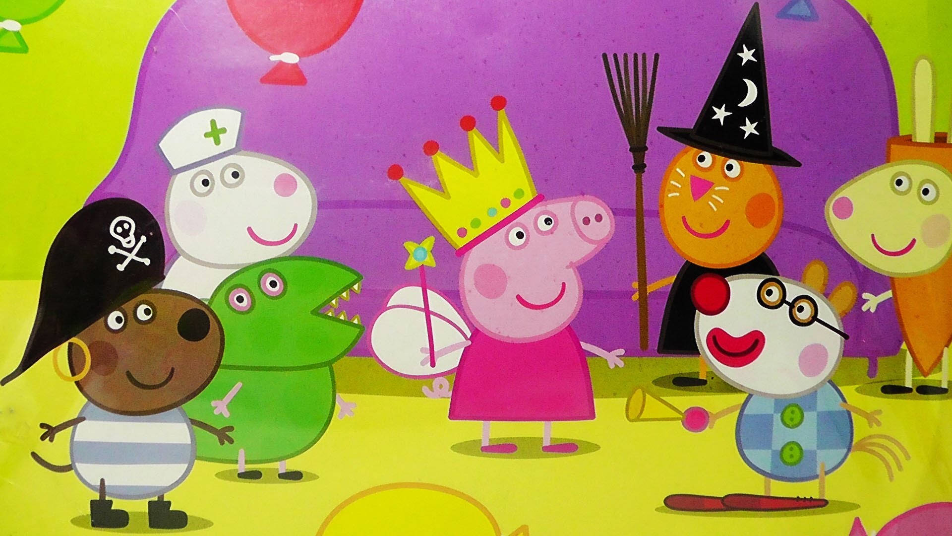 佩佩豬 桌布 壁紙 — Peppa Pig 和朋友們穿著色彩繽紛的服裝，用氣球和俏皮的表情慶祝熱鬧的派對。