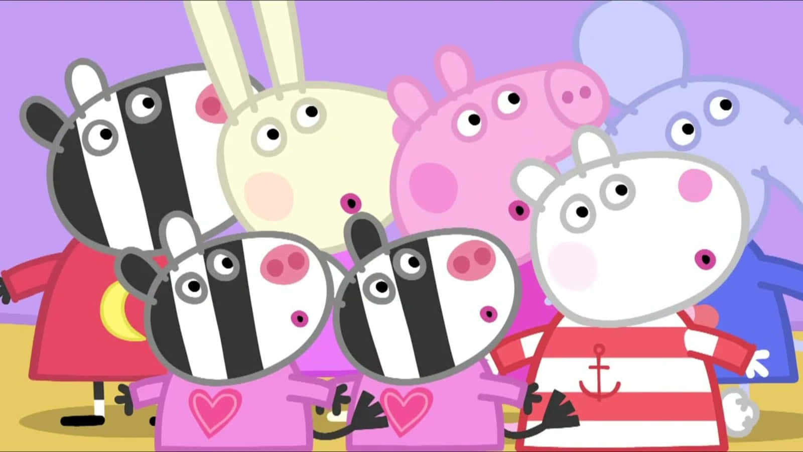 Zoe Zebra 桌布 壁紙 — Peppa Pig 和朋友們穿著色彩繽紛的服裝，站在紫色背景前。