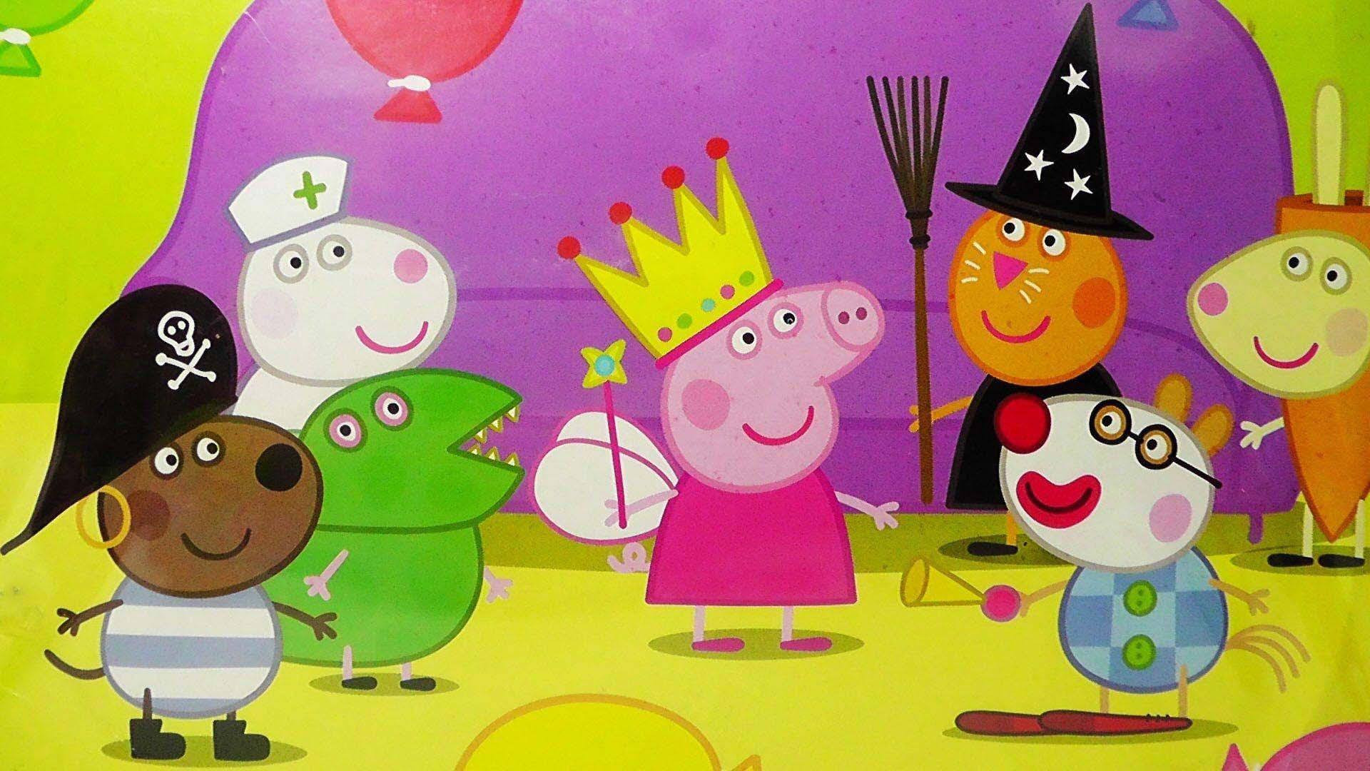 Peppa 桌布 壁紙 — Peppa Pig 和朋友們穿著色彩繽紛的服裝，用氣球和道具慶祝一個有趣的派對。