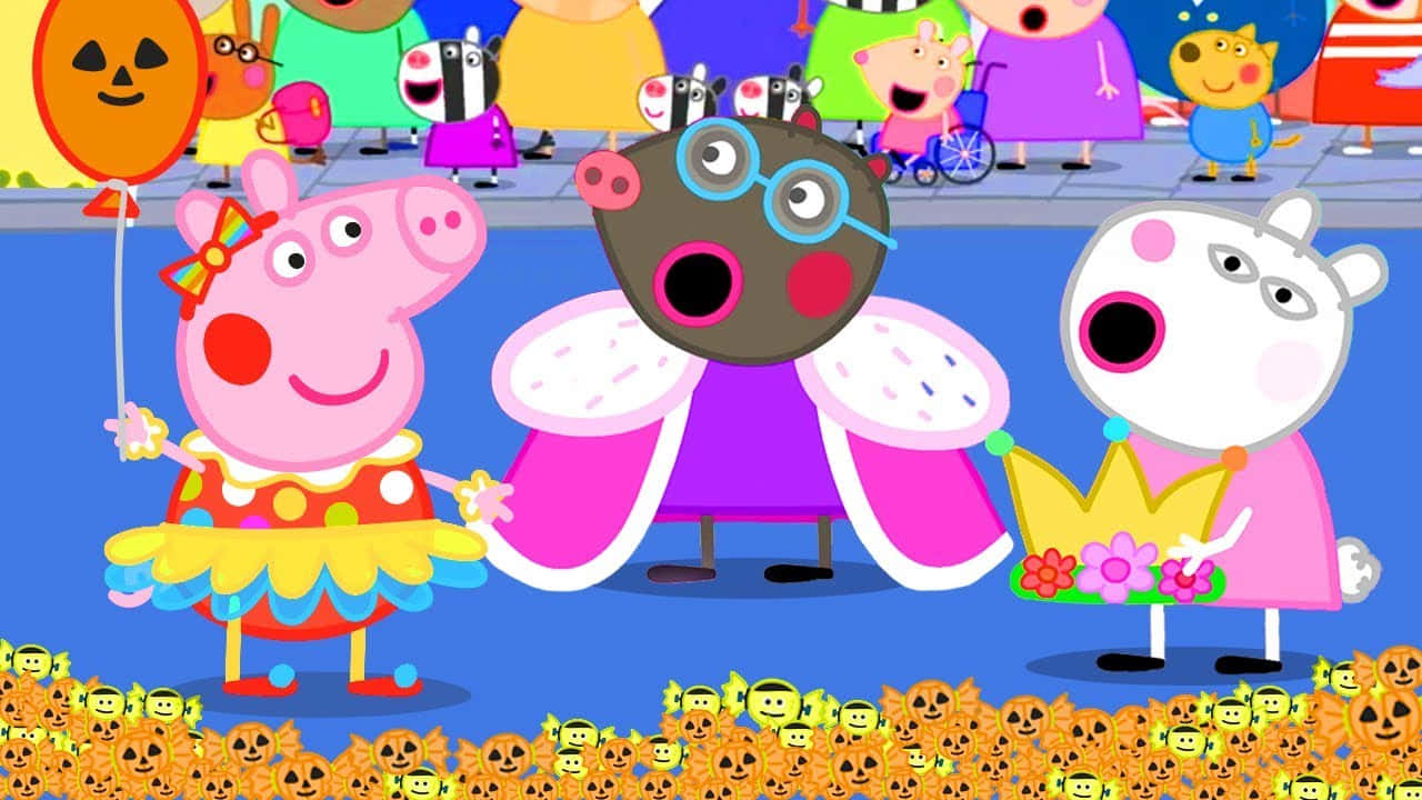 Peppa Pig Family 桌布 壁紙 — Peppa Pig 和朋友們穿著色彩繽紛的服裝，在明亮的藍天下用南瓜和氣球慶祝萬聖節。