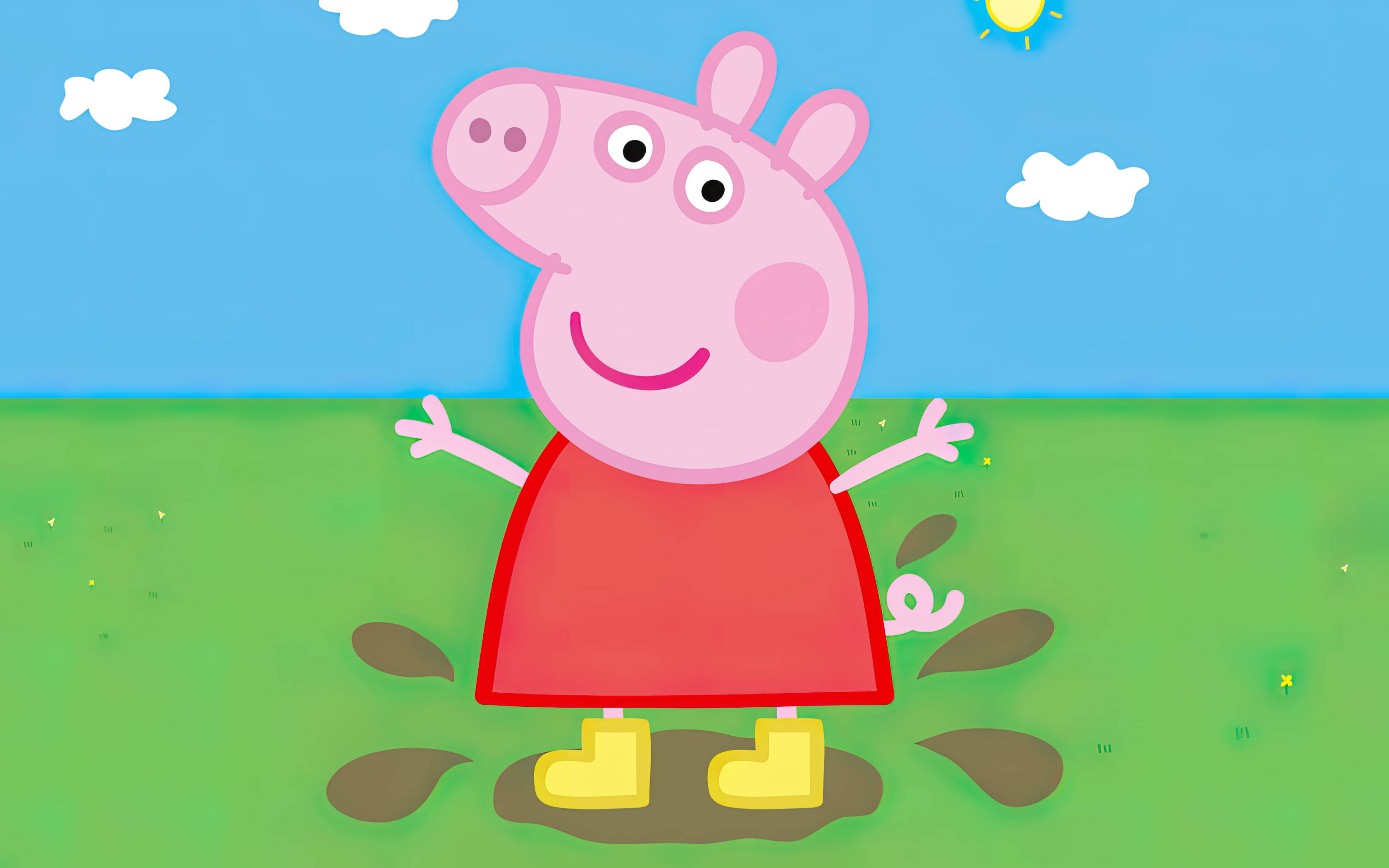 Peppa 桌布 壁紙 — Peppa Pig 在一個晴朗的日子，藍天白雲下，開心地站在泥坑裡。