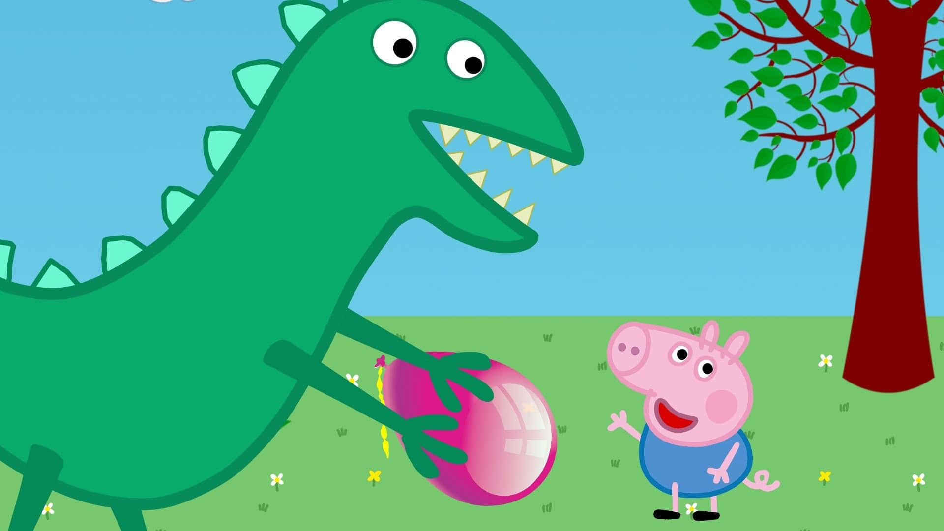 George Pig 桌布 壁紙 — Peppa Pig 在一個有樹的陽光明媚草地上，對著一隻拿著粉紅色球的友善綠色恐龍微笑。