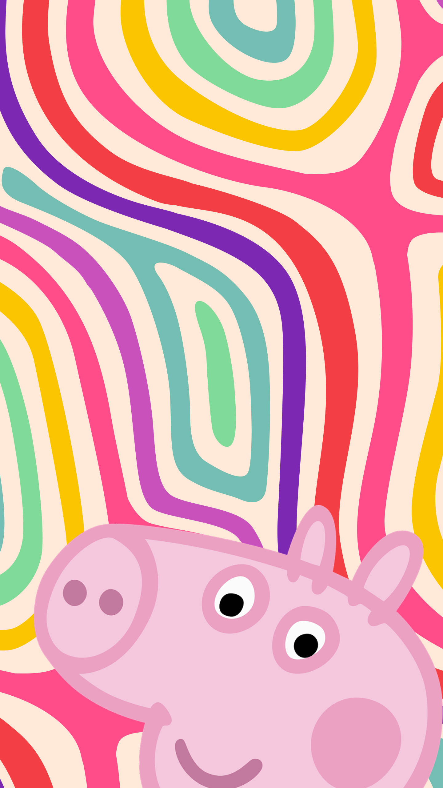 Peppa 桌布 壁紙 — Peppa Pig 在充滿活力的旋轉彩虹圖案背景上微笑。