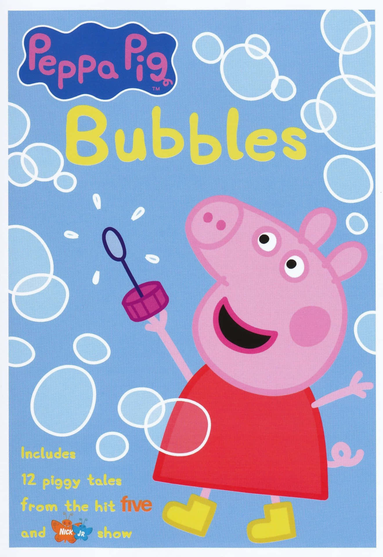 佩佩豬 桌布 壁紙 — Peppa Pig 在充滿漂浮白色圓圈的明亮藍色背景前吹泡泡，開心地微笑。
